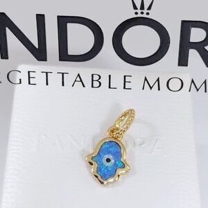 Pandora Opalescent Blue Hamsa Hand Dangle Charm Gold-Plated with box